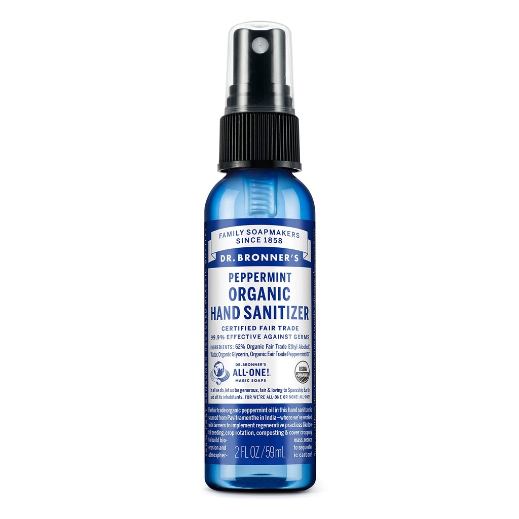Dr. Bronner's - Organic Hand Sanitizer Spray (Peppermint, 2 uncii) - Formula simplă și eficientă, Curățenii și sanitizes, Fără substanțe chimice dure, Moisturizes and Cleans Hands