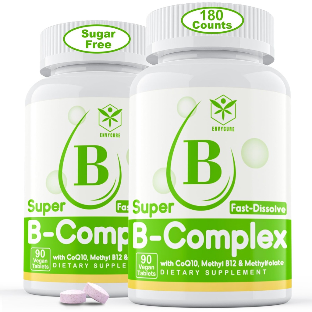 Complex de vitamina B fără zahăr cu metil B12, metilFolat, B6, B1, B2, B3, disipare rapidă Supliment complex B metilat foarte biodisponibil pentru nivele energetice, Sistem Neural, Vegan,180 comprimate