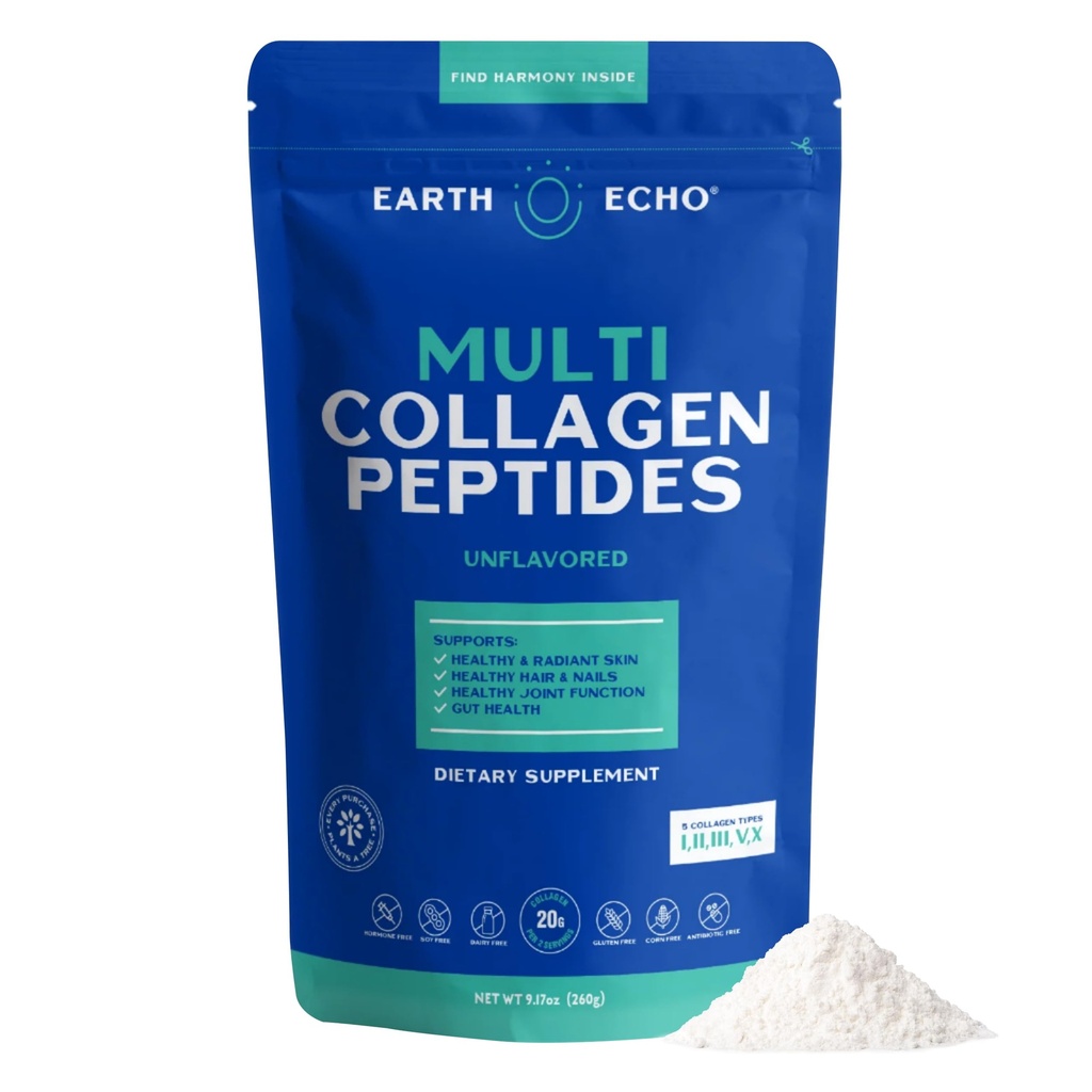 Pământ Echo Multi Colagen Peptides, Colagen hidrolizat cu vitamina C și acid hialuronic, Suporturi Radiant Skin, Articulații sănătoase, Sănătate și funcția imună, Dairy-Free, 26 Serviri