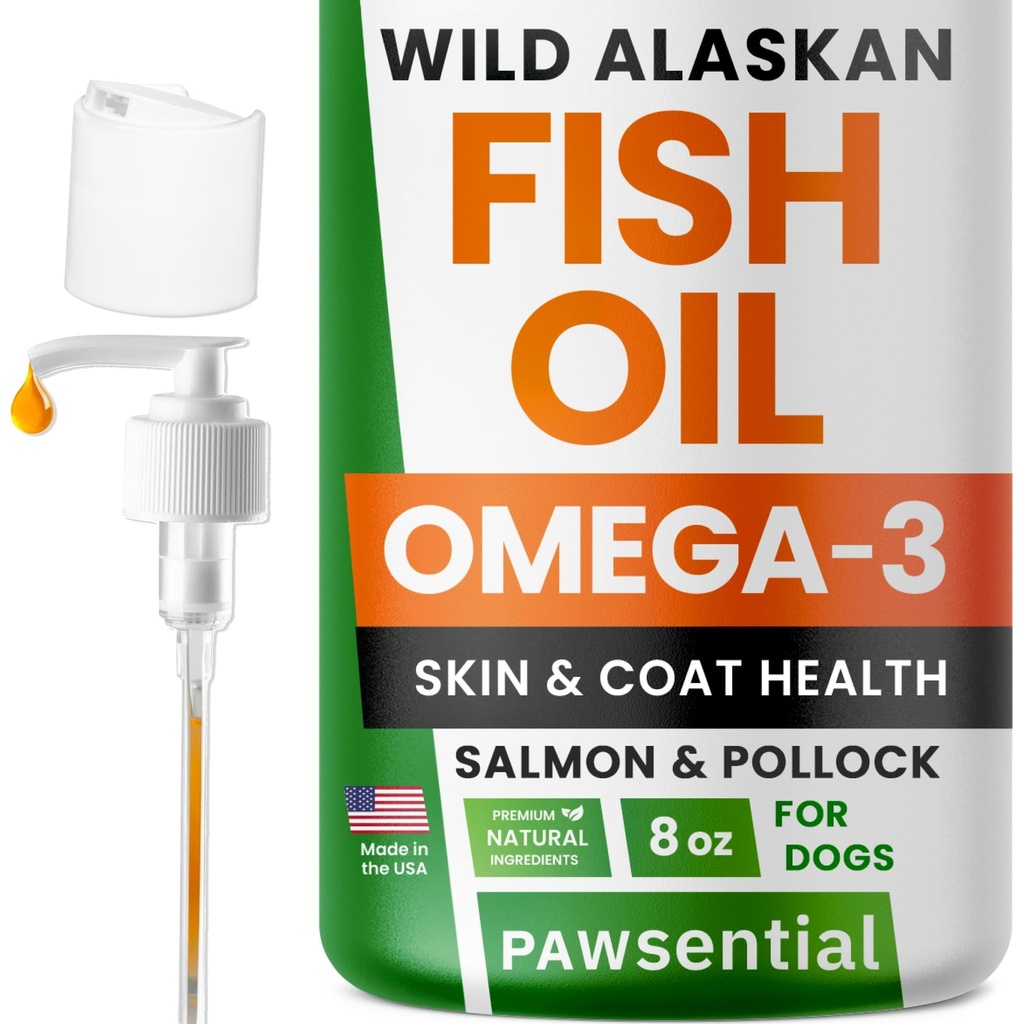 Omega 3 ulei de pește pentru câini și pisici - Made with wild Alaskan Salmon Oil; Liquid Fish Oil Supplement for Pets with Omega 3 EPA+DHA Fatty Acids; Real Ingrediente, Real Gust 