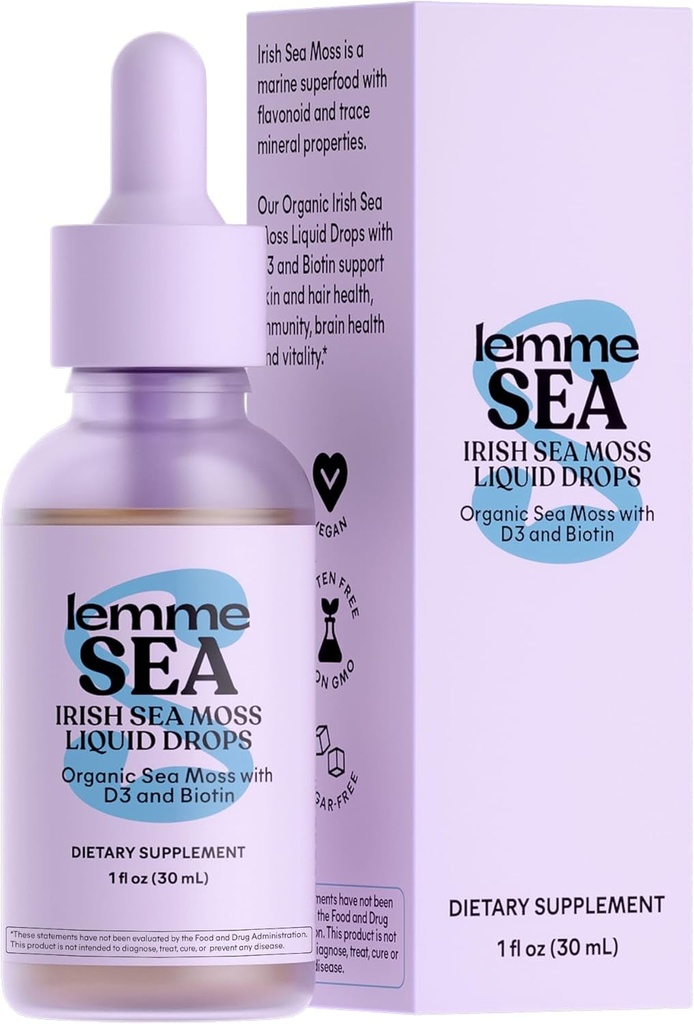 Lemme Irish Sea Moss Organic Liquid Drops with Vitamin D3 and Biotin for Trace Mineral Support, Immunity, Hair, Skin & Nails, Brain Health - Gluten & Sugar Free, Non GMO, 1 oz, 30 Servings
