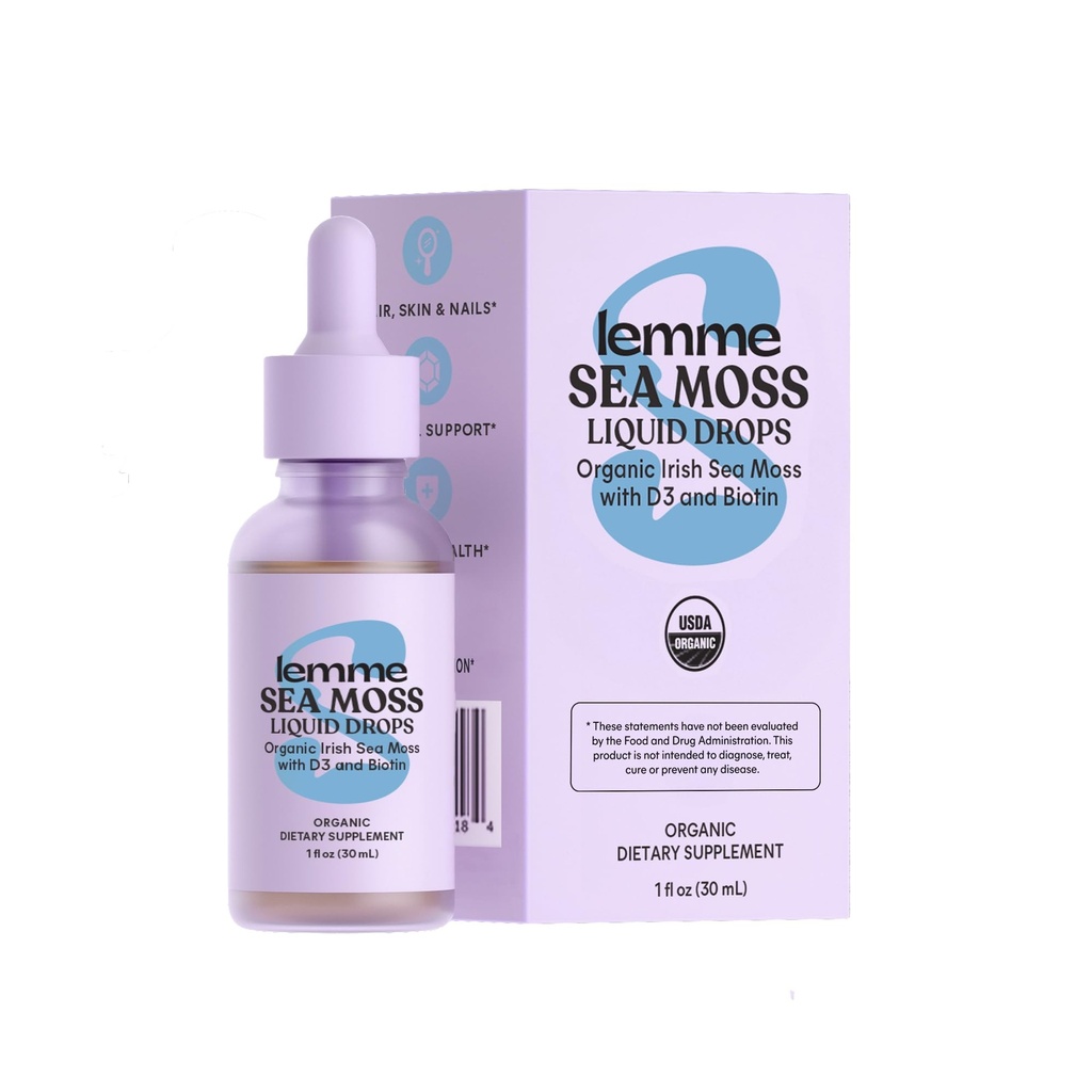 Lemme Irish Sea Moss Picături lichide organice cu vitamina D3 și Biotina pentru Suport Mineral Trace, Imunitate, Păr, Piele & Nails, Brain Health - Gluten & Sugar Free, Non OMG, 1 oz, 30 Serviri