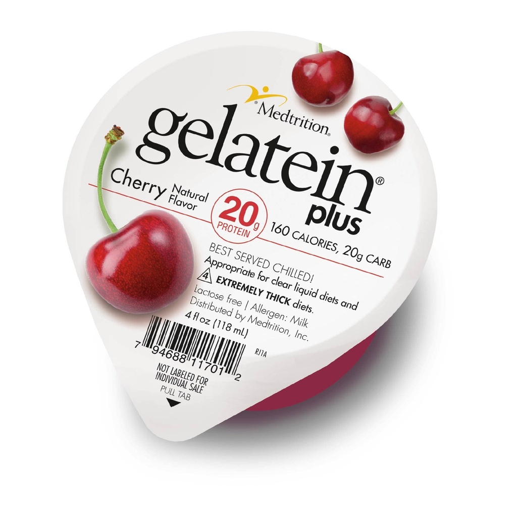 Gelatein Plus Cherry: 20 grame de proteine. Ideal pentru diete lichide clare, dificultăţi de înghiţire, dializă şi oncologie. O gustare grozavă înainte sau după antrenament. (12 ambalaj)