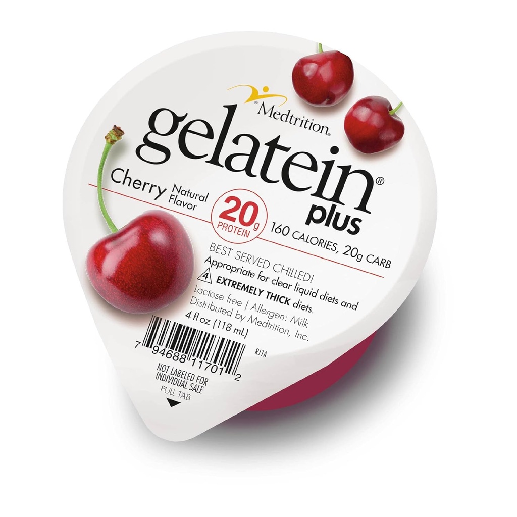 Gelatein Plus Cherry: 20 grams of protein. Ideal for clear liquid diets, swallowing difficulties, dialysis and oncology. Great pre or post-workout snack. (12 pack)