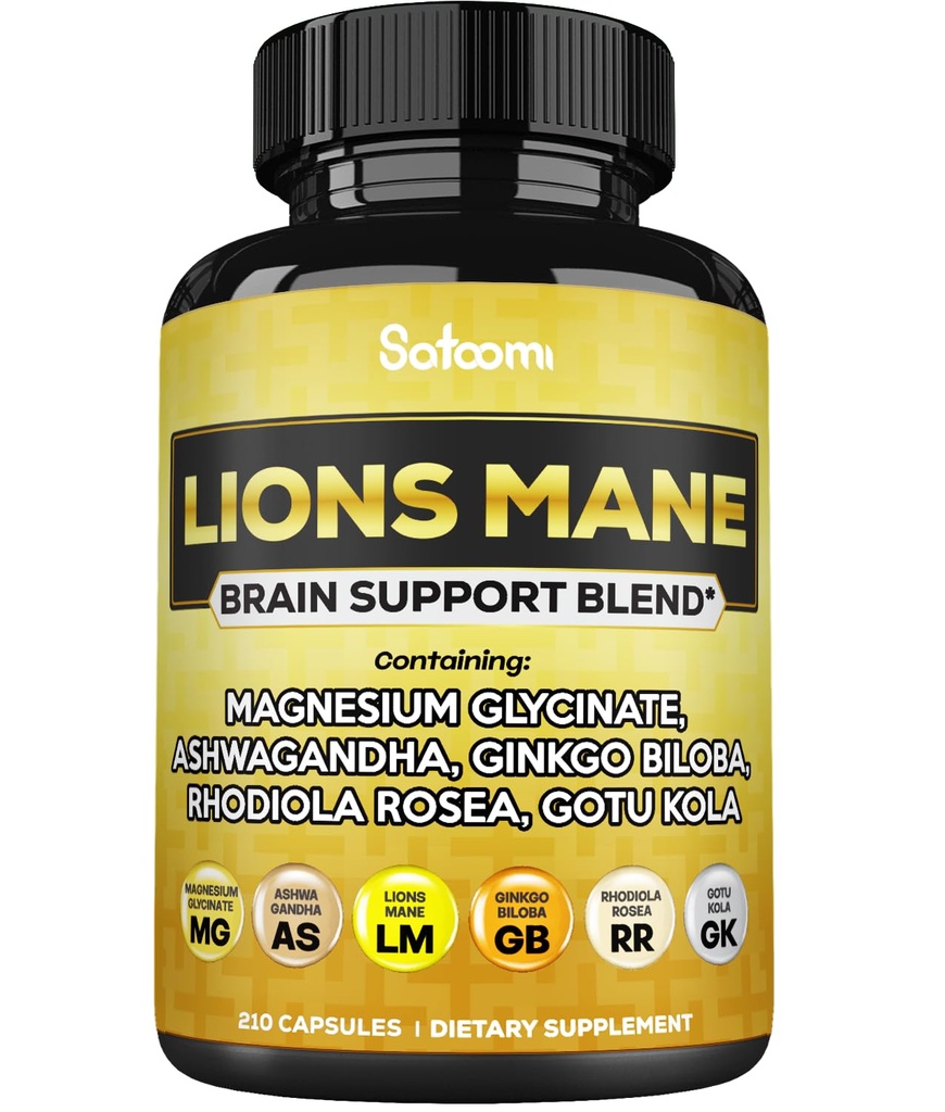Lions Mane Supliment capsule cu magneziu cu rădăcină Ashwagandha, Ginkgo Biloba, Rhodiola Rosea și Gotu Kola - 210 capsule Vegan - Suport creier de sănătate, Mood pozitiv și producția de energie