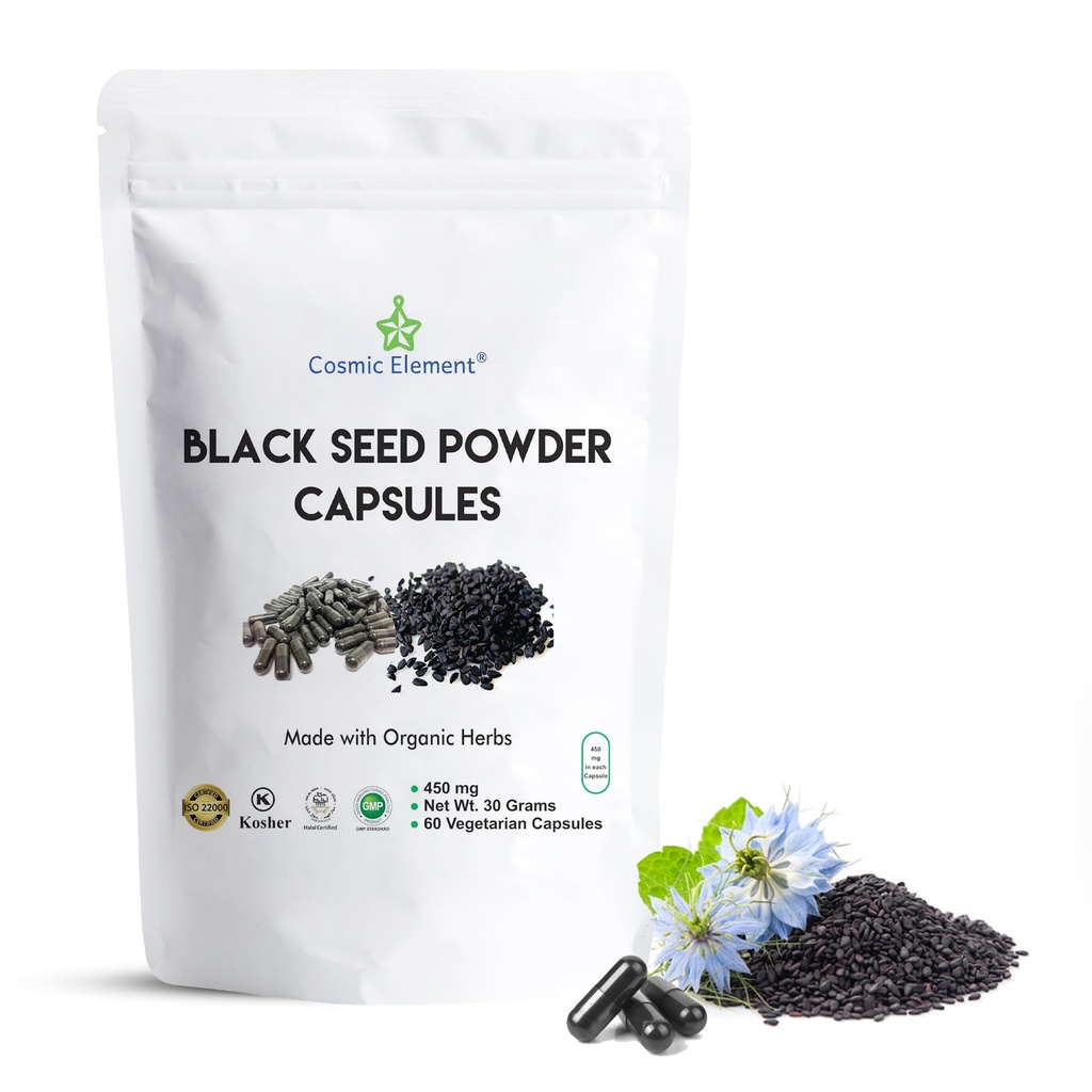 Element cosmic 100% Pure Black Seed Powder Capsule Organice - Vegan Nigella Sativa 450mg Seminte de chimen negru per Serving- pentru sănătate - 60 capsule