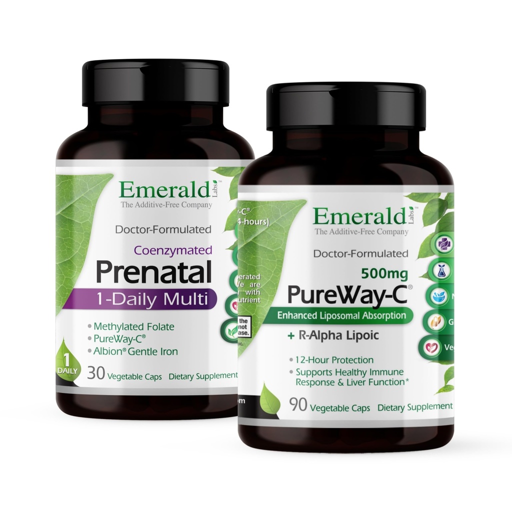 Emerald Labs Bundle with prenatal 1-Daily Multi (60 Veg Caps) & PureWay-C (90 Veg Caps) - Prenatal Multivitamine with Methylated Folate, Iron & More* - Vitamina C Supplement with R-Alpha Lipoic Acid*