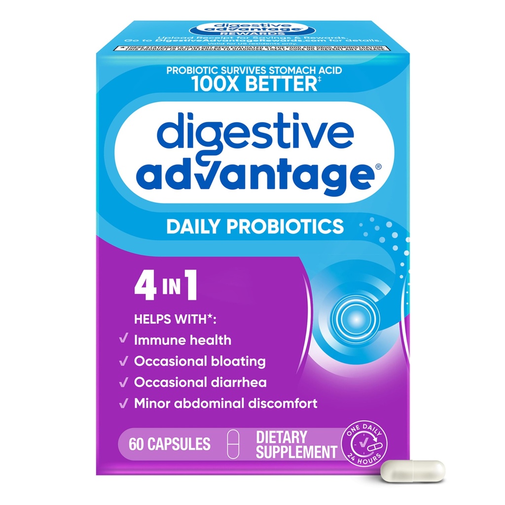 Avantaje digestive Probiotice pentru sanatate digestiva, Probiotice zilnice pentru femei si barbati, Sustine sanatatea curajului, Ocazional Blooting & Diaree, Minor Abdominal Discomfort, & Immune Support, 60ct Capsule