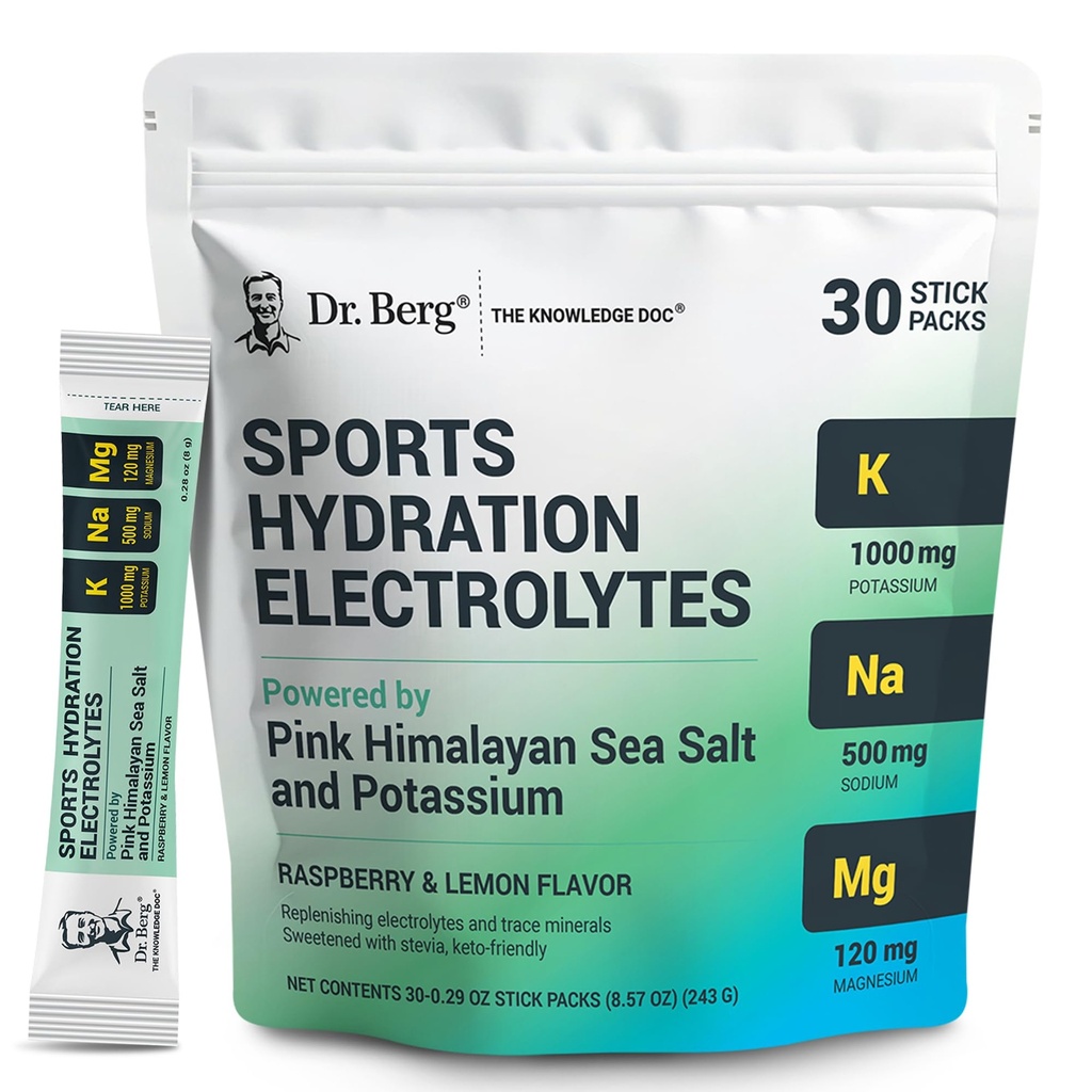 Dr. Berg Sports Hydration Electrolytes Powder w/Mai mult sare (Pink Himalayan) - 30 Keto Electrolytes Packets pulbere w/a Delicious Salty Raspberry & Lemon Flavor - Include 1000 mg de potasiu