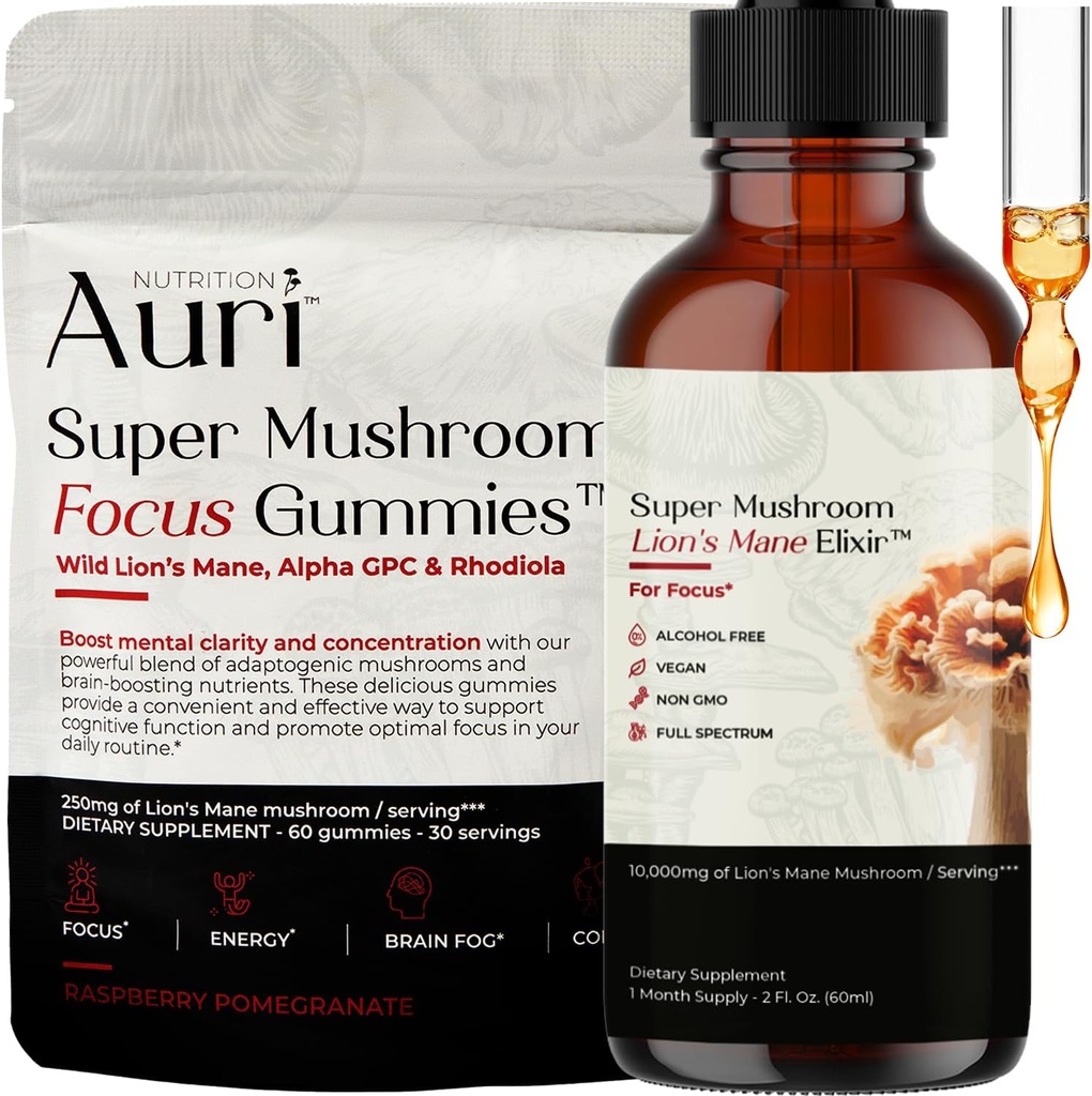 Auri Focus Gummies & Brain Boost Elixir Bundle - Super Mushroom Focus Gummies & Lion’s Mane Liquid Elixir - Cognitive Function & Mental Clarity Supplement - 60 Gummies and 60ml Elixir