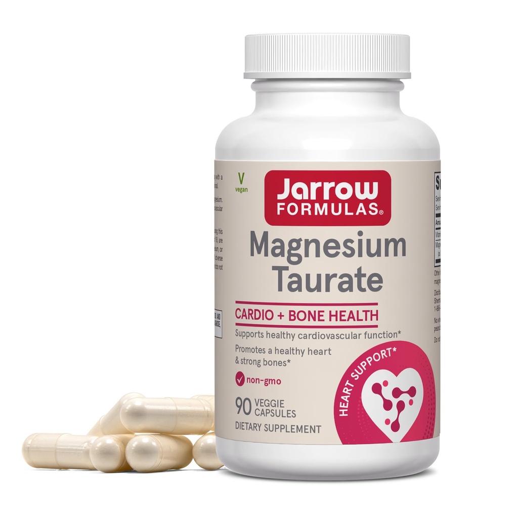 Jarrow Formulas Magneziu Taurate, Supliment alimentar, Suporturi Cardio si Sanatate Osoasa, 300 mg per Serviri, 90 Capsule Veggie, Până la 30 zile de aprovizionare