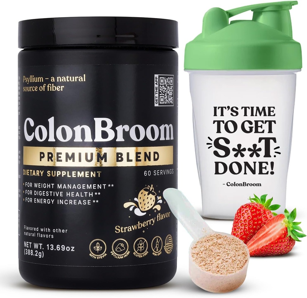 ColonBroom Premium Psyllium Husk Powder (Strawberry, 60 Servings) + Shaker Bottle for Colon Broom Fiber Powder Drink Bundle - Colon Cleanse for Bloating Relief & Gut Health - Fibră Powder Supplement