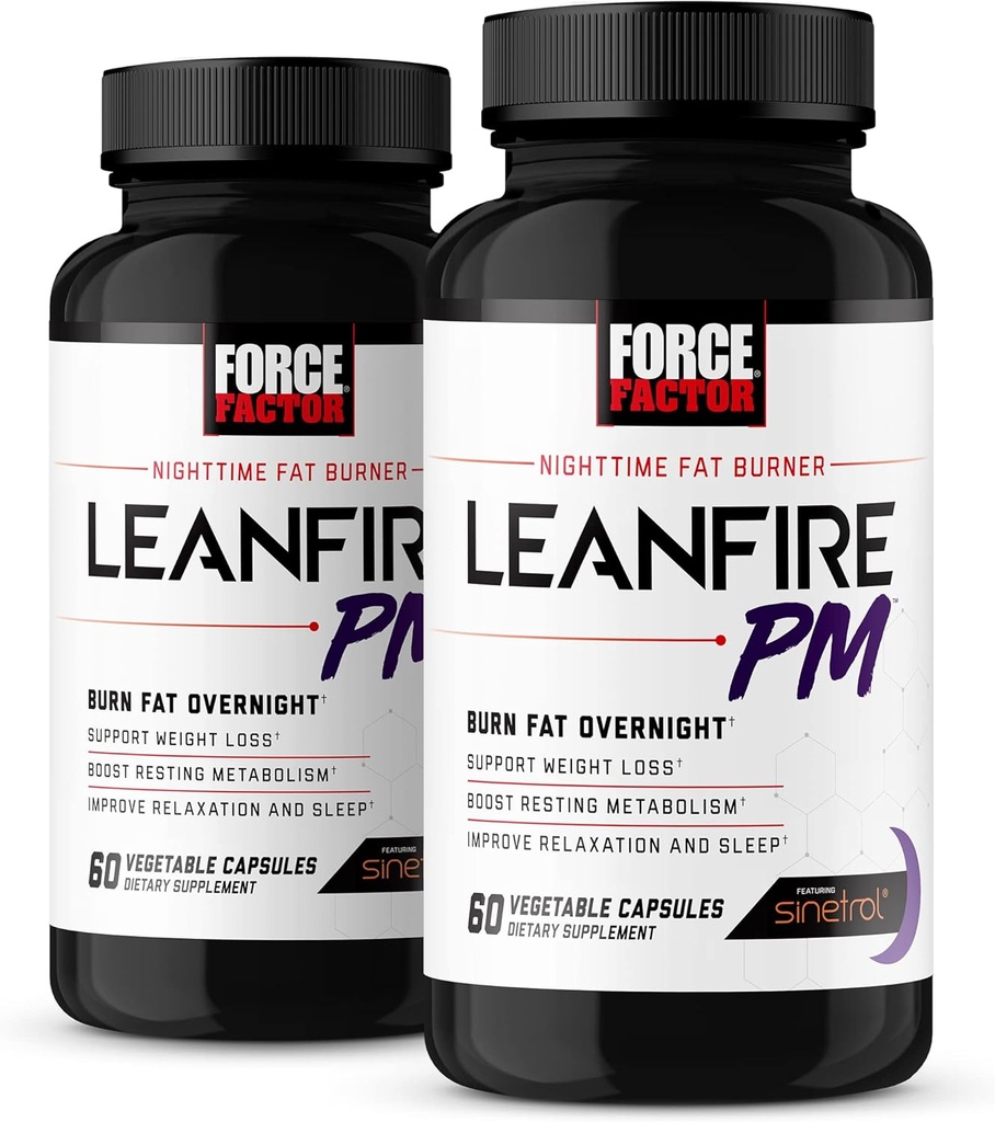 Force Factor LeanFire PM, Pastile de pierdere în greutate pentru femei și bărbați, Fat Burner și pastile de pierdere în greutate peste noapte pentru a arde grăsime, Boost Metabolism, cu Melatonina, 60 Conte (Pachet de 2)