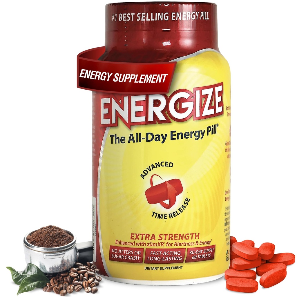 Energize Extra Putere Pastile Cafeina, Acționând rapid Pastile de energie de lungă durată cu timp extins de eliberare Cafeina, Îmbunătățirea Claritate și suport energetic pentru bărbați și femei, Nu Jitters, Nu Crash (60 comprimate)