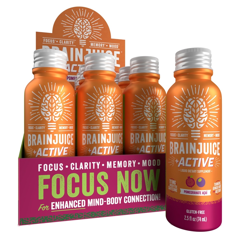 BrainJuice Active Focus & Energy Drink Shots, Supports Endurance, Recovery & Clarity, Non-GMO, Gluten Free, Nootrops, Alpha GPC, B Vitamins & Organic Green Tea, Pomegranate Acai, 2.5 fl oz, 12 Pack