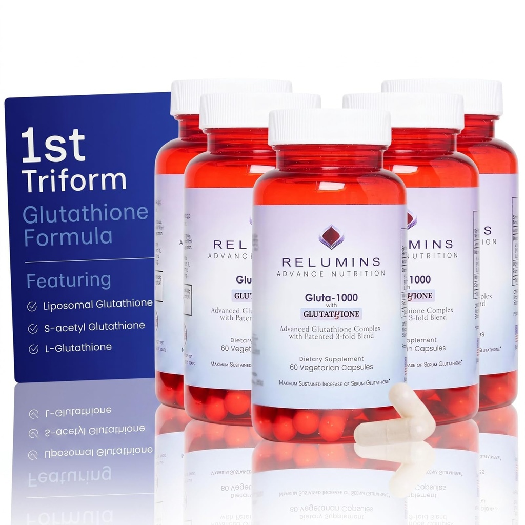 Relumins L Glutatione Supliment Complex - Reducere Glutatione 1000mg cu Alpha Lipoic Acid & Rose Hips Capsule pentru Skin Nourished & Smoother, 60 Caps x 5 Flacoane