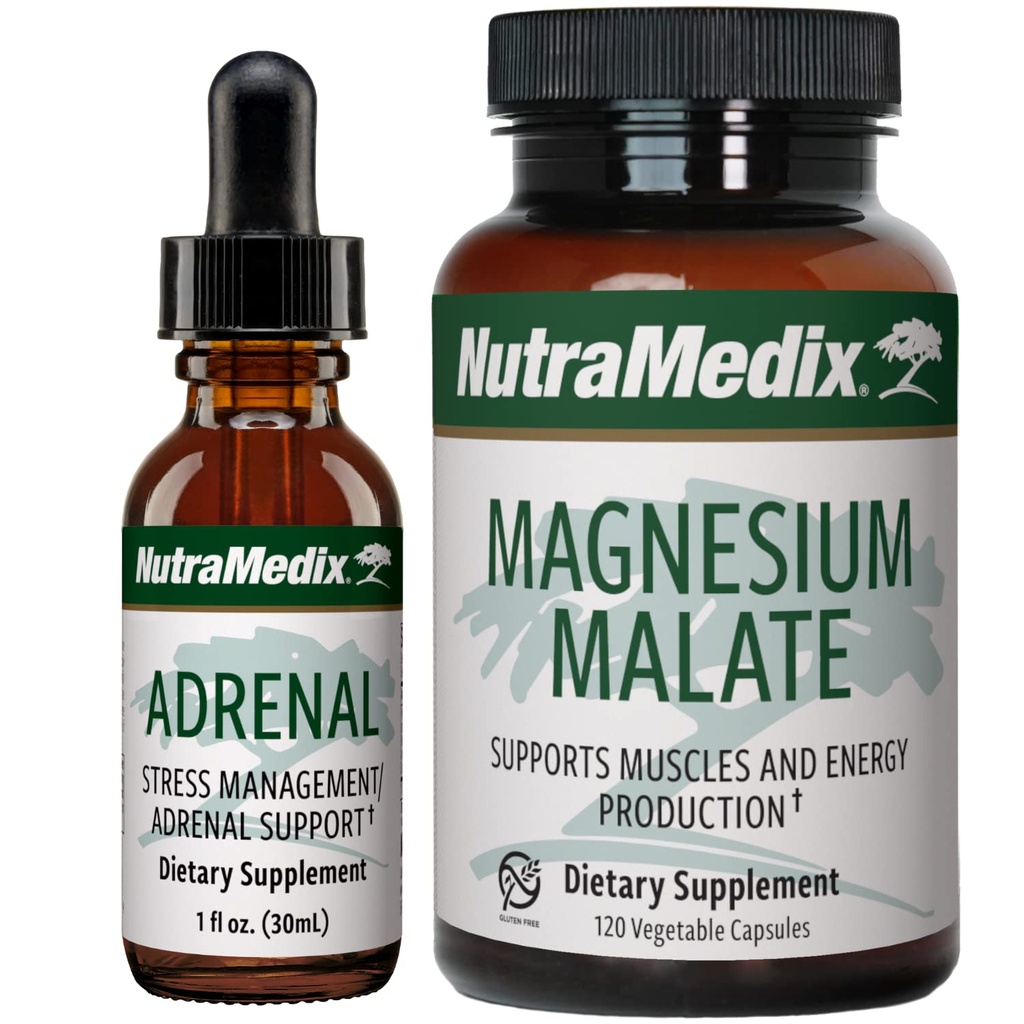 Suport energetic NutraMedix Bundle - Include suport energetic suprarenal Picături lichide și capsule de malat de magneziu pentru energie și suport atletic - No Caffeine - 2-Piece Supliment Set
