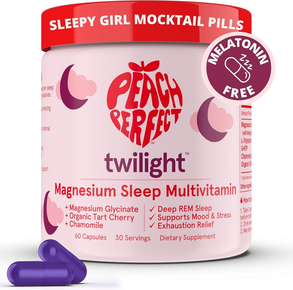 Peach Perfect Twilight Magneziu Glicinate Somn Multivitamine Magneziu Suplimentul cu Tart Organic Cherry, Mușețel, 5-HTP, L-Tryptofan, Natural Girl Sleepy Mocktail, 60 capsule, 30 Serviri