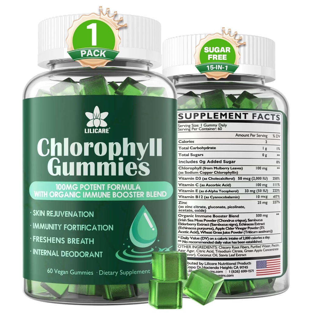 Gume de clorofilă - Super Green cu iarbă de grâu, Moss de mare, ACV & Elderberry nefiltrate, Echinacea, Complex de zinc & vitamina D3, C, E, B12 pentru deodorant natural, Immune & Digestion Support, 60 Chews
