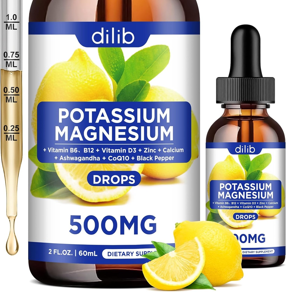 Potasiu Magneziu Citrate Supliment, Citrat de magneziu lichid picături 500mg cu Ashwagandha, Calciu, Zinc, Vitamina D3, B6, B12, CoQ10 - Vegan 2 fl oz Lemon Flavor