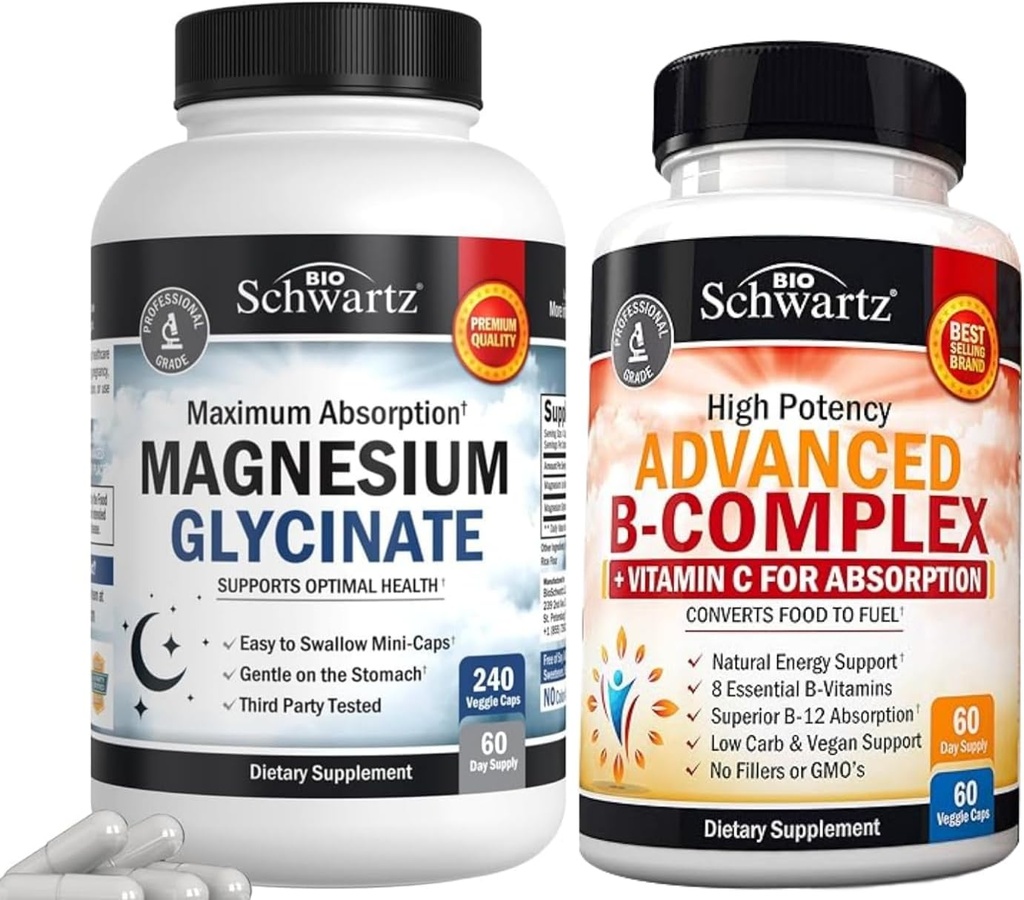 BioSchwartz mare absorbţie Glicinat de magneziu 500 mg capsule (2 lună de aprovizionare) Plus vitamina B Complex cu vitamina C (2 lună de aprovizionare)