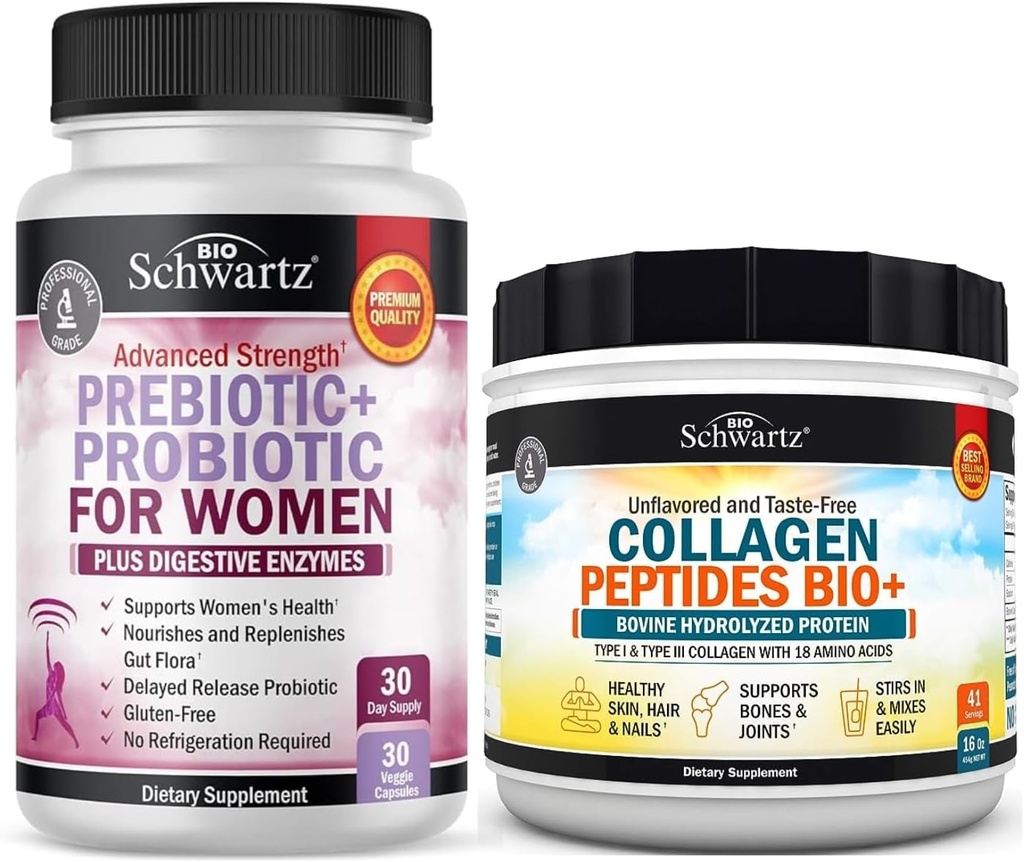 BioSchwartz Hidrolized Colagen Peptide pulbere (40+ serviri) Plus Prebiotice și Probiotice cu enzime digestive pentru femei (1 lună de aprovizionare)