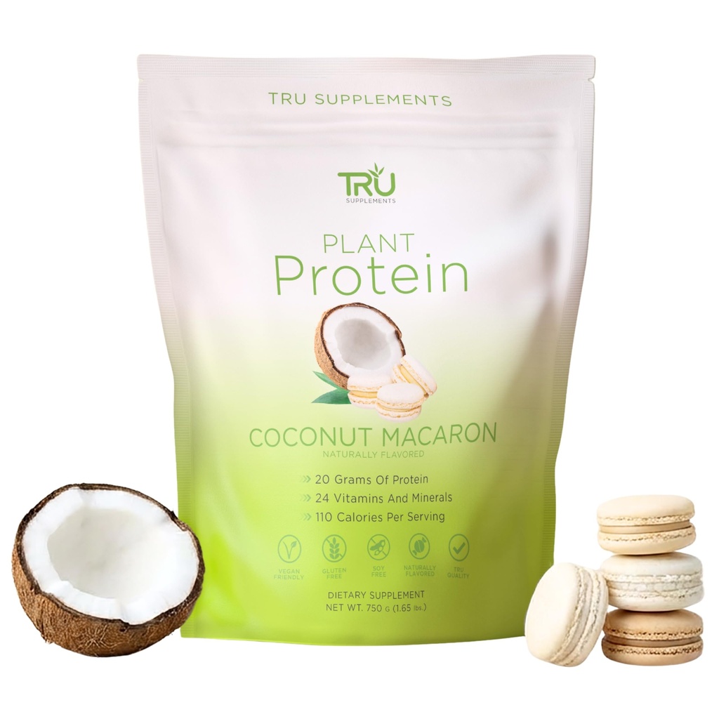 Suplimente TRU Pudră de proteine pe bază de plante, BCAA, EAA, 20g Vegan brun orez și proteine de mazăre, 100 Calorii, 27 Vitamine, Fără arome artificiale 25 Serviri (Coconut Macaron)