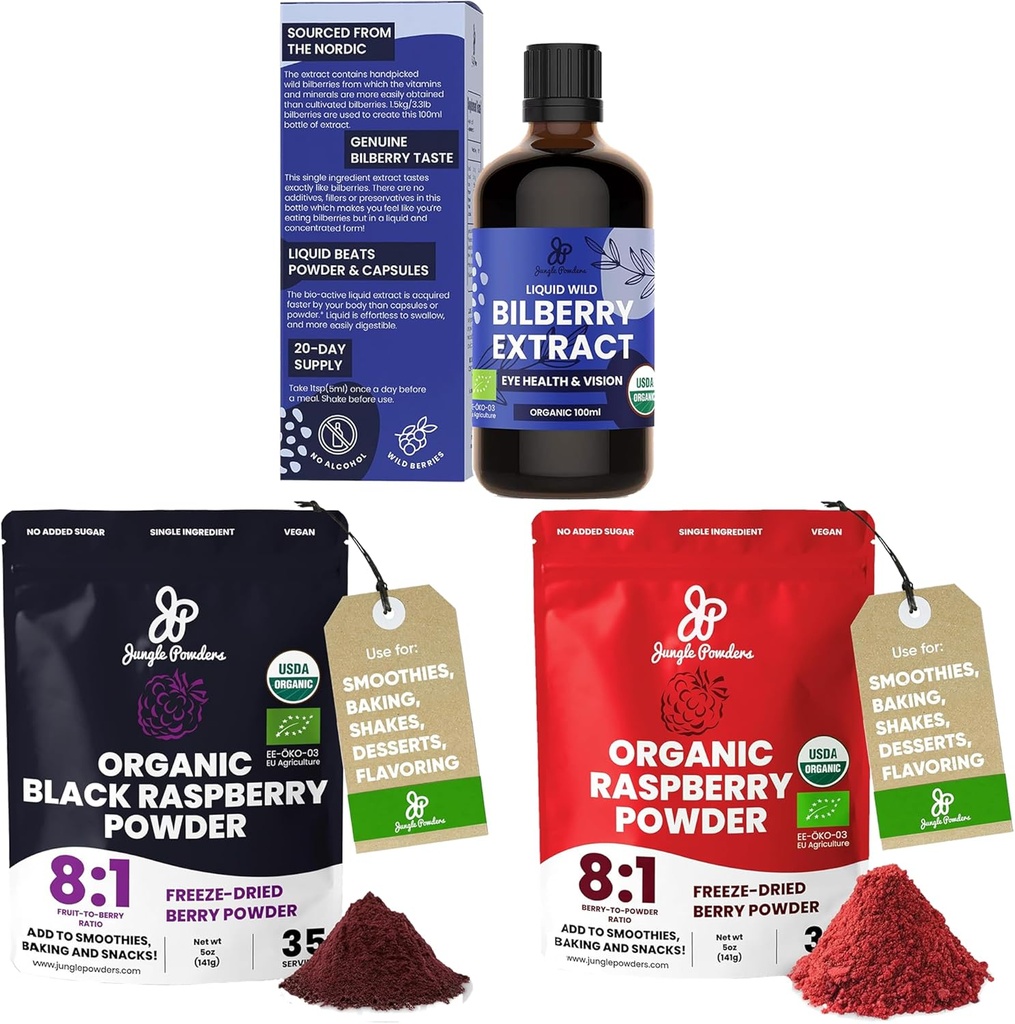 Pudre de junglă Extract sălbatic de afine pentru ochi USDA Organic 3.4oz Sticluță, Black Red Raspberry Pudre Bundle 5 Ounce Bag, Freeze Zmeură uscată pentru coacerea Smoothies Fructe deshidratate