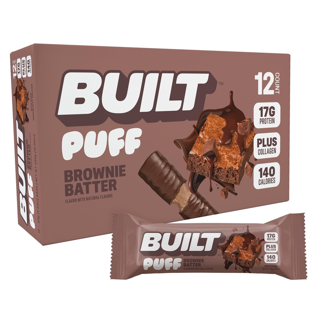 Built Bar, Puff Proteine Bars, Brownie Batter Puff, 17g Proteine Snacks, On-The-Go Bars, Numai 140 Calorii, 6g Zahăr, Colagen, Gluten gratuit, 12 Conte
