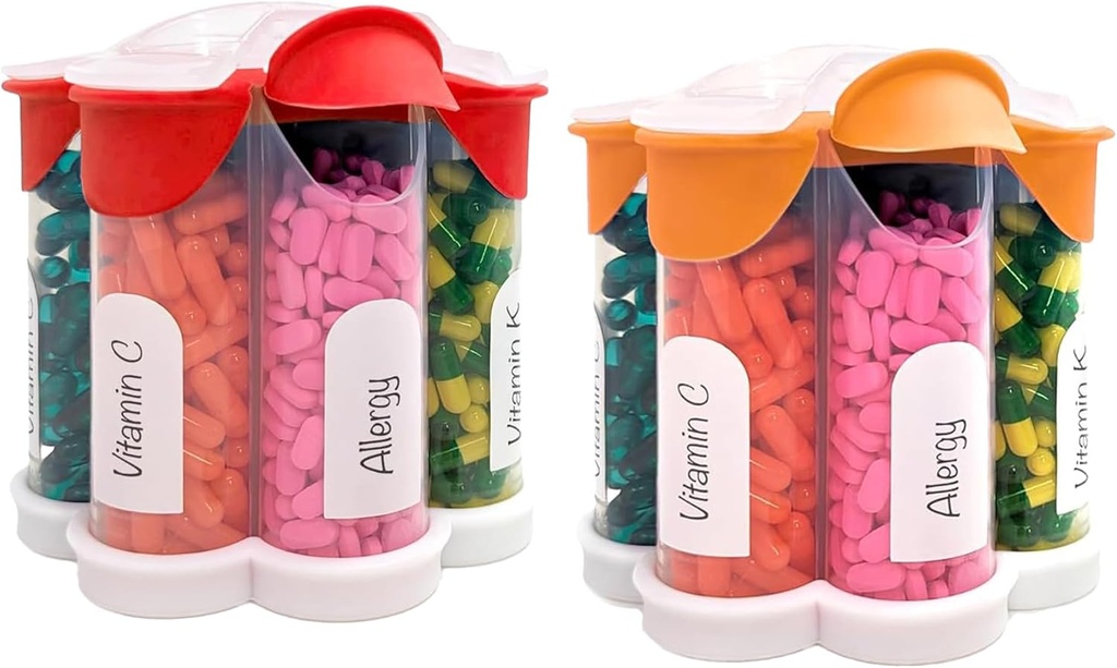 Extra Large Pill Organizator Daily, Săptămânal, Lunar Supliment flacon, Cute Blossom Pilula Dispenser cu 7 XL Compartimente (2 ambalaj Combo) (Orange și roșu)