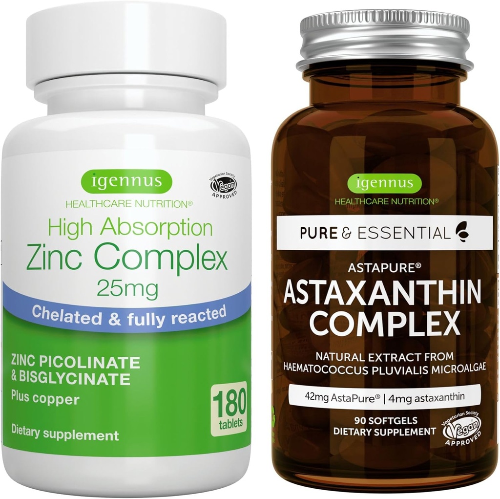 Astaxanthin Complex + Zinc Complex Vegan Bundle, Antioxidant Support for Skin, Hair & Nails, by Igennus