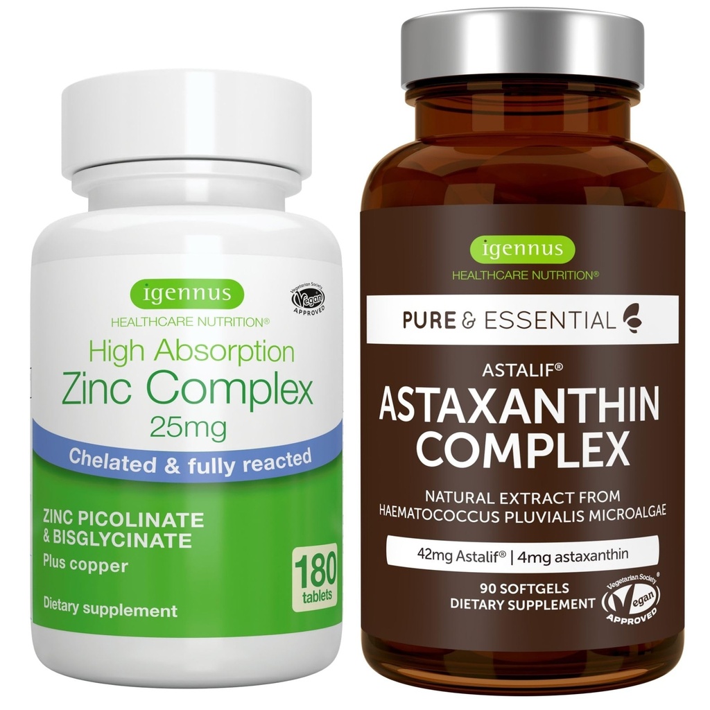 Complex Astexanthin + Complex de zinc Vegan Bundle, suport antioxidant pentru piele, par si unghii, de Igennus