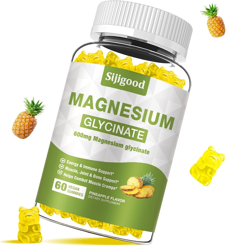 Magneziu Glycinate Gumries 600mg, Relaxare & Zzz Supplement de potasiu de magneziu pentru adulți și copii fără zahăr, vitamina C, B6 și CoQ10 Ananas, 60 Conte