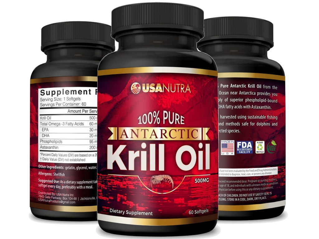 Antarctica Krill Oil Softgels 100% Pur cu Omega-3 EPA DHA Astaxantină 1000mg pe zi (2 Softgels). Made in The USA