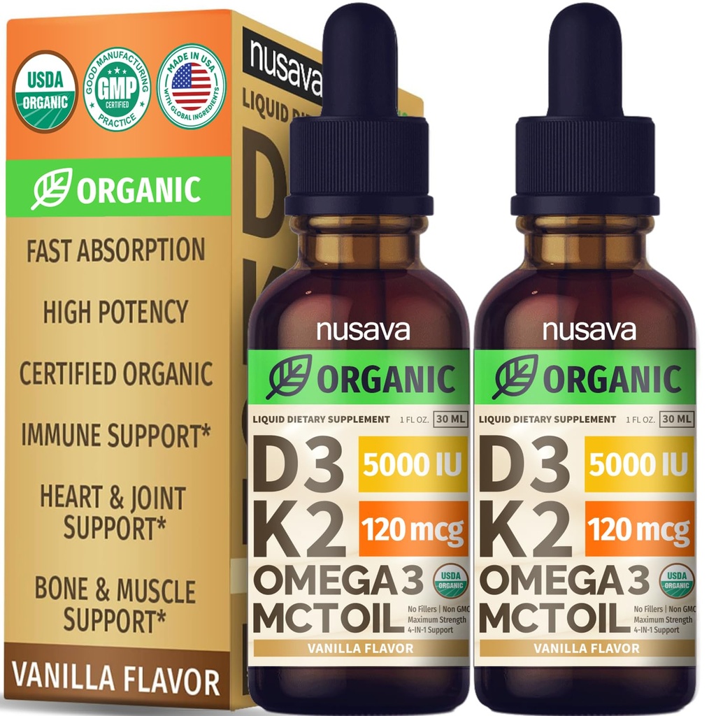 2 Pachet) Vitamina organică D3 K2 picături cu ulei MCT Omega 3, 5000 UI - Rezistenţă maximă Vitamina D lichid, fără file, non-GMO lichid D3 pentru absorbţie mai rapidă şi suport imunitar (Vanilla, 1 Fl OZ x 2)