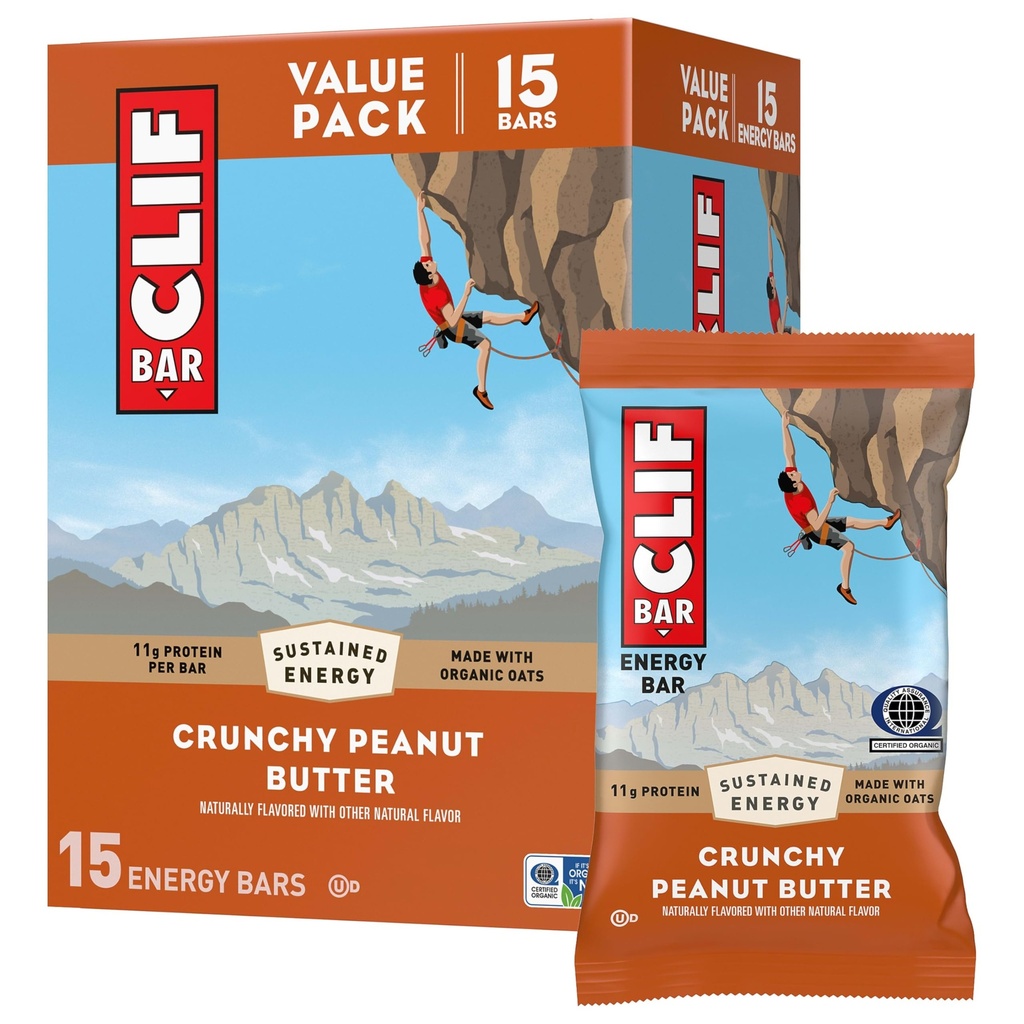 BAR CLIF - Bare de proteine energetice - Unt de arahide crocant - Made with Organic Oats - Energy Bars - Non-GMO - (15 Pack)