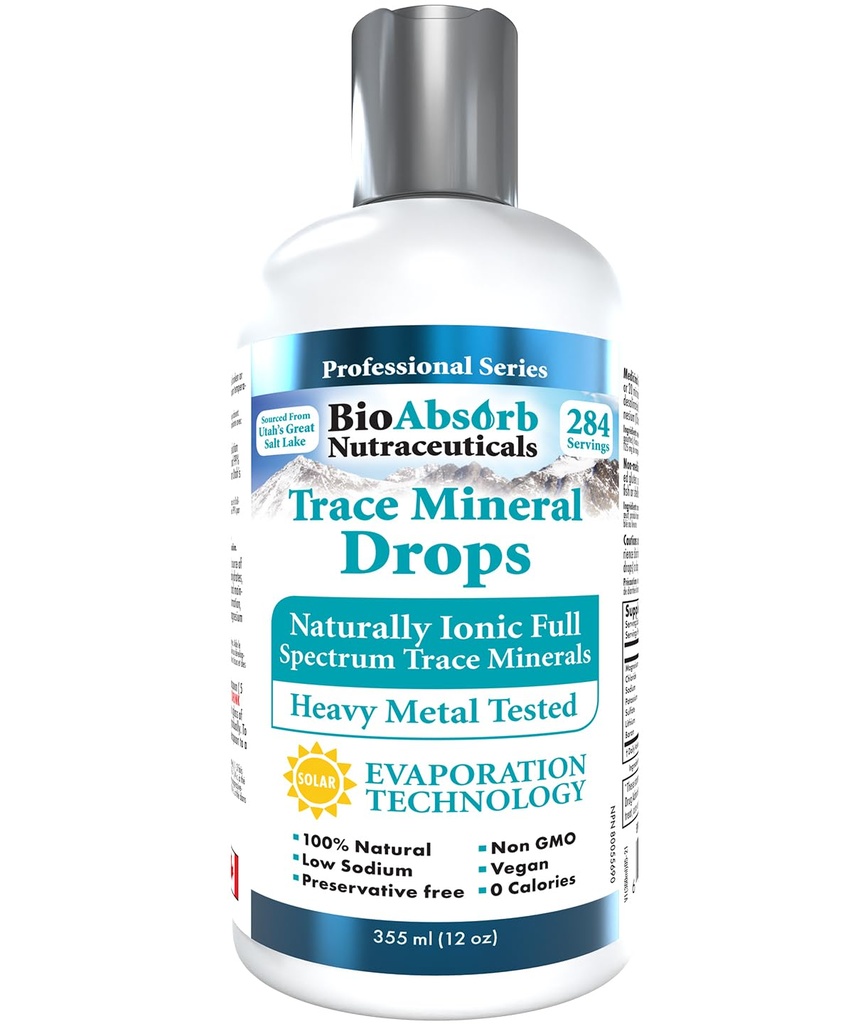 Bio Absorb urme de picături minerale. Heavy Metal testat. 284 Serviri de Minerale organice Trace din apa de mare GSL concentrat Utah. 125mg de magneziu ionic (12 oz)