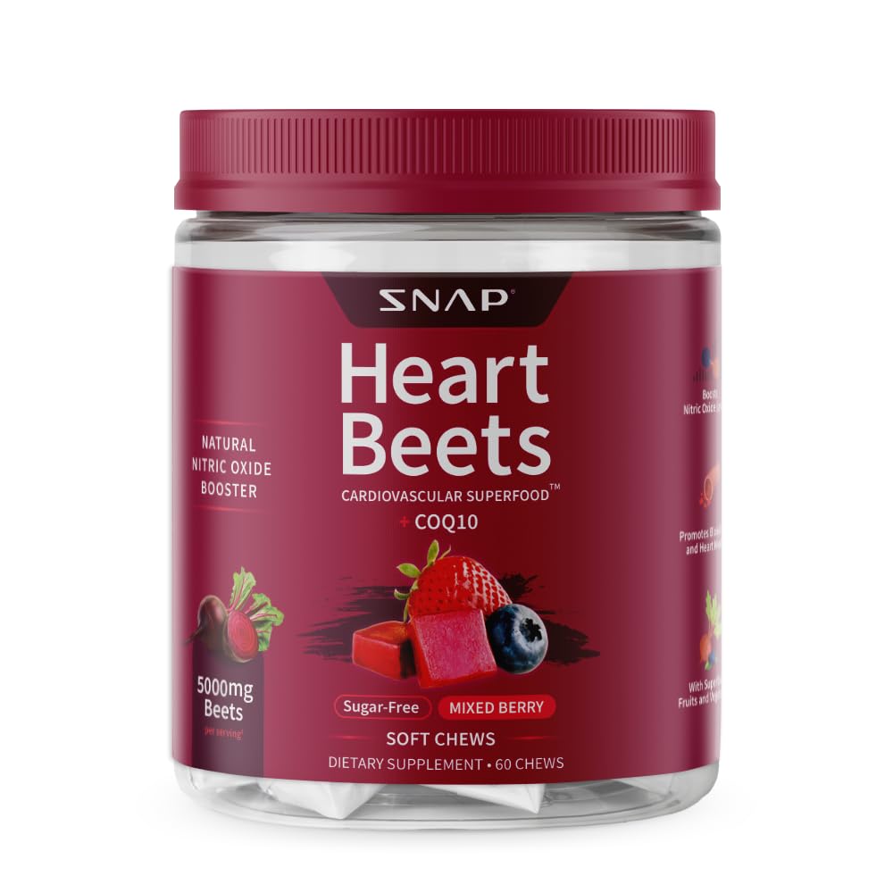Snap Suplimente Sfeclă de inimă Sfeclă organică Sfeclă de sfeclă Root Soft Chews, Supliment de suport cardiovascular pentru bărbaţi şi femei, CoQ10 & Spanac roşu, Heart Health & Circuulation Support, Sugar Free, Mixed Berry, 60 Chews