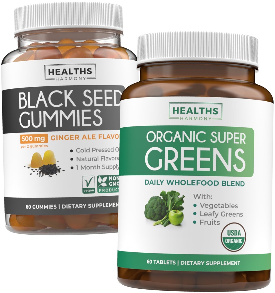 Negru Seed Oil Gummies & Super Greens (1-Month) - Zilnic Green Boost - Black Seed Seed Oil Gummies Ginger Ale Flavor Cold-Pressed Nigella Sativa & Organic Super Greens Complete Super Food Supplement