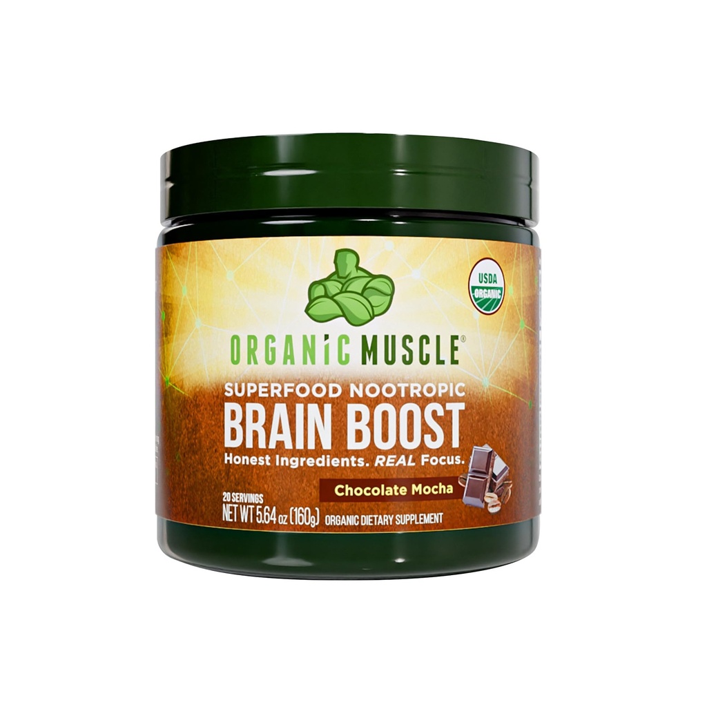 Muscle Organic Brain Boost Nootrops Blend - Vegan & organic Superfood Suplimente de sănătate pentru focus, Memorie & Productivitatea cu Ashwagandha, Ginkgo & Ginseng - Aroma de ciocolată, 20 Serviri