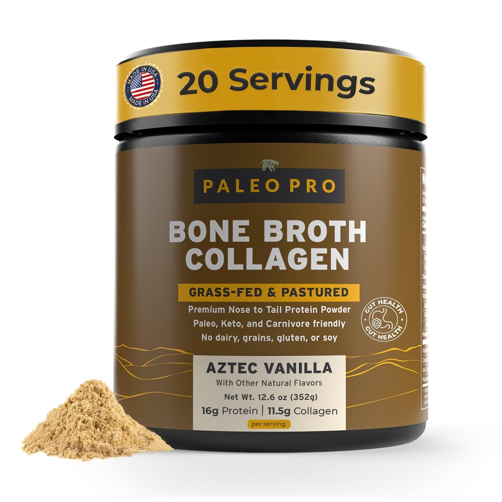 Pudră de proteine de Broth PaleoPro - Root Root Grass-Fed Colagen pulbere pentru piele și oase - Gluten gratuit, fără zahăr, soia, cereale, carbohidrați nete - Paleo Keto prietenos 20 Servirea Vanilie aztec