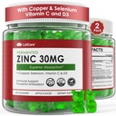 Gume de zinc + Cupru, Seleniu, Vitamina C & D3, Suplimente de zinc fermentate pentru femei și bărbați cu Elderberry pentru suport imun zilnic, Antioxidant puternic, Absorbție ridicată, Vegan, Sugar Free, 2 Pack