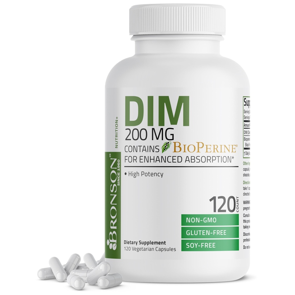 Suplimentul DIM Bronson 200 MG Diindolymetan cu BioPerine pentru absorbţie îmbunătăţită, Metabolizarea estrogenului şi menţine nivelurile de hormon echilibrat, 120 Capsule vegetariene