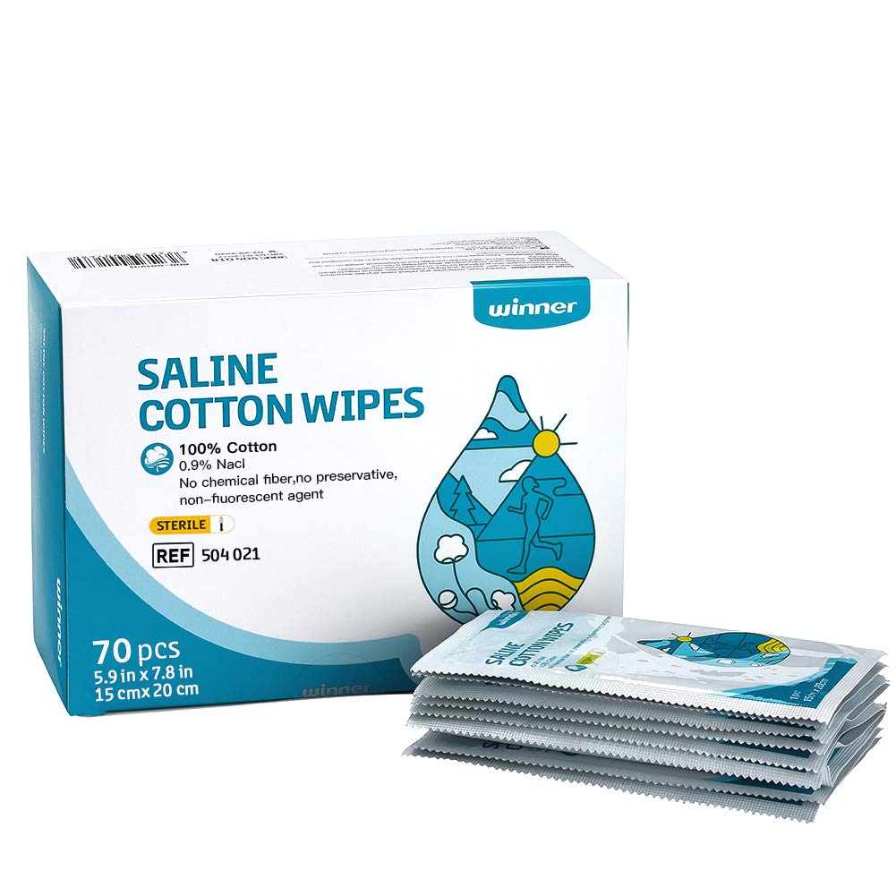 Câștigător Saline Șervețele Saline, 6" x 8" Șervețele mari de îngrijire personală, Pads Saline Gentle pentru Piercings, Multi-Purpose pentru ochi sensibili și față, Înfășurat individual, 70 Conte