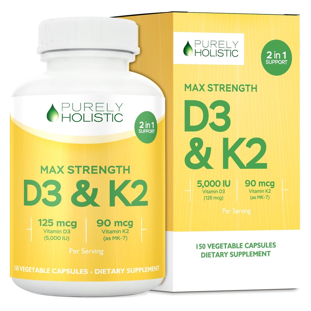 Vitamina pur holistica D3 125mcg și vitamina K2 90mcg MK7-4 Luna alimentare 150 Capsule vegetariene - Vitamina D3 și K2 Menaqunione - Colecalciferol de înaltă rezistență fabricate în Statele Unite ale Americii