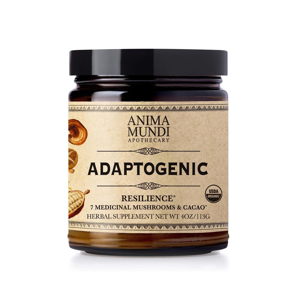 Anima Mundi Apothecarial Organic Mushroom Supplement - Ciuperci Adaptogene + Cacao - Pudră de ridicare cu coama Leului organic, Shiitake, Chaga & More - Adauga la cafea, Ceai & Smoothies (4oz / 113g)