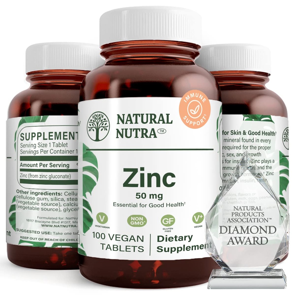 Natural Nutra Zinc Gluconate 50mg Supliment pentru suport imunitar, Promovează sănătatea pielii, oferă ușurința de la gripă și rece, Boost Learning & Memorie, Îmbunătăți gustul și miros, Gluten gratuit 50mg 100 comprimate Vegan