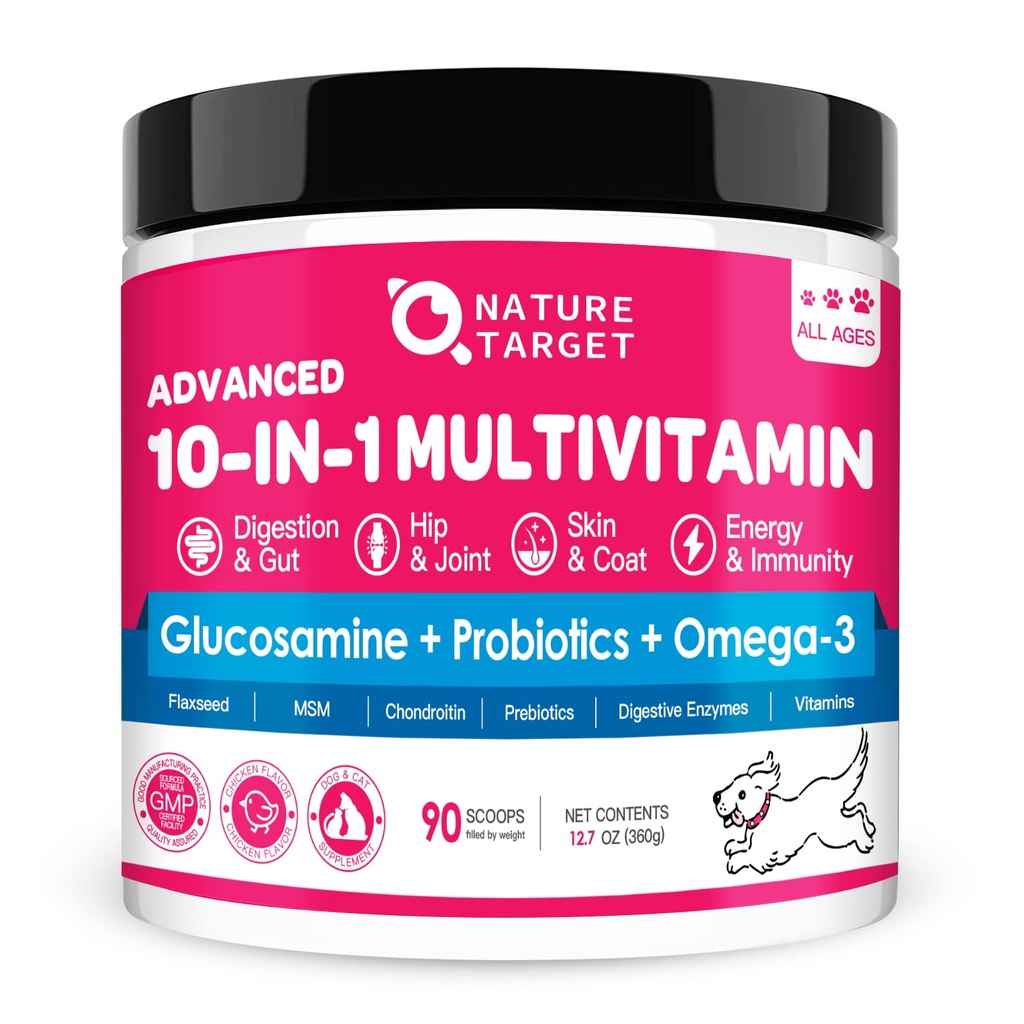 NATURĂ ŢINTĂ Vitamine de câine pulbere, Probiotice şi enzime digestive pentru sănătate gutoasă, Glucosamină & Chondroitin & Omega 3, Supliment complet pentru produse alimentare de câine de casă, comun & Skin & Immune suport