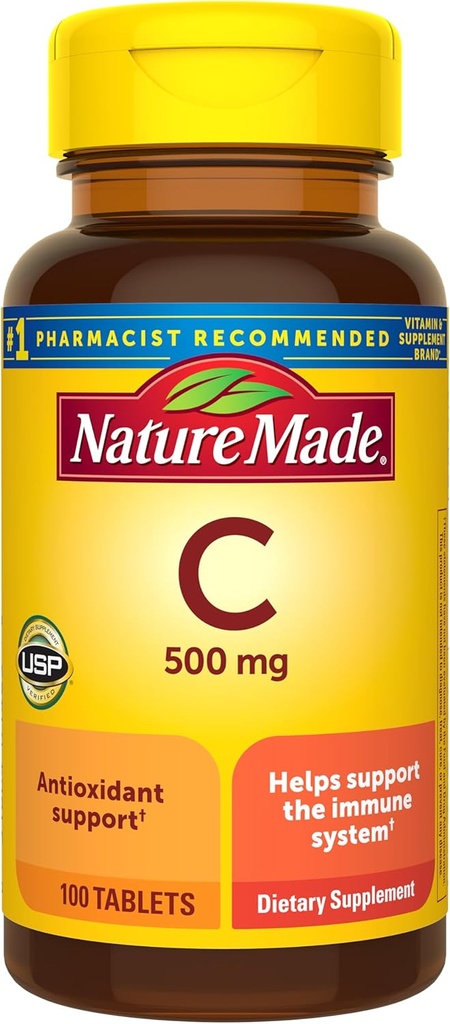 Natura Made Vitamina C 500 mg Caplete, 100 Conte, pentru suport imunitar, Gluten gratuit