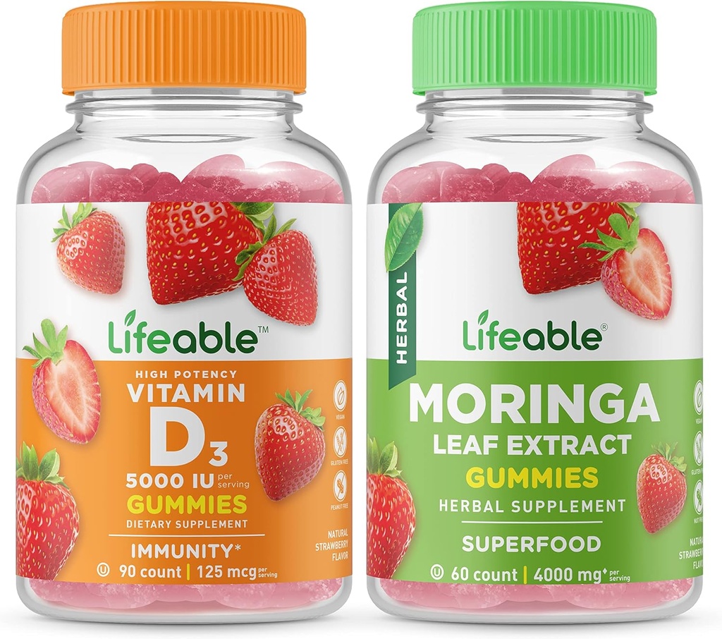 Vitamină vie D 5000 UI + Moringa Leaf, Gumries Bundle - Tasting mare, Supliment de vitamine, Gluten gratuit, OMG gratuit, Guma de mestecat